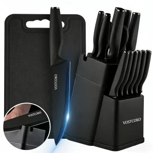 15pcs Professional Black Kitchen Knife Set, Including A Cutting Board