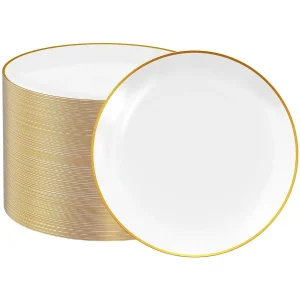 100 Count Gold Plastic Plates 10.25 Inch, Disposable Heavy Duty